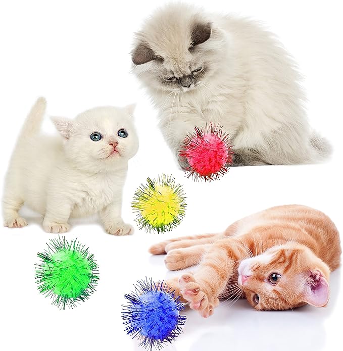 80 Pieces Cat Sparkle Balls Assorted Color 1 Inch Pom Poms Tinsel Cat Ball Toy Puff Balls Glitter Ball for Cats Kitten Toys for Indoor Cats and Crafts-PawvioPets