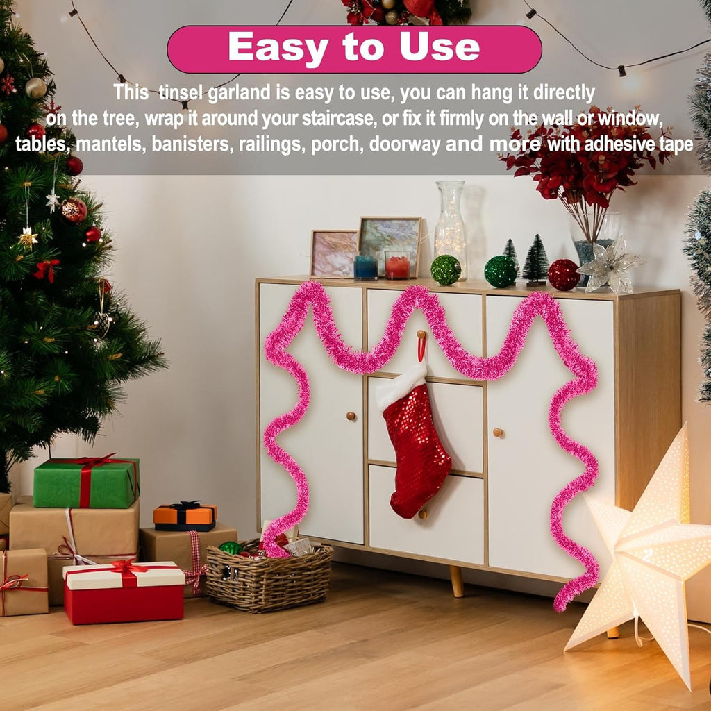 50 Feet Pink Christmas Tinsel Garland, Metallic Foil Twist Garland Wall Hanging Tinsel Banner Backdrop for Parade Floats, Easter, Mother's Day, Wedding Party Decorations (2in x 50ft)