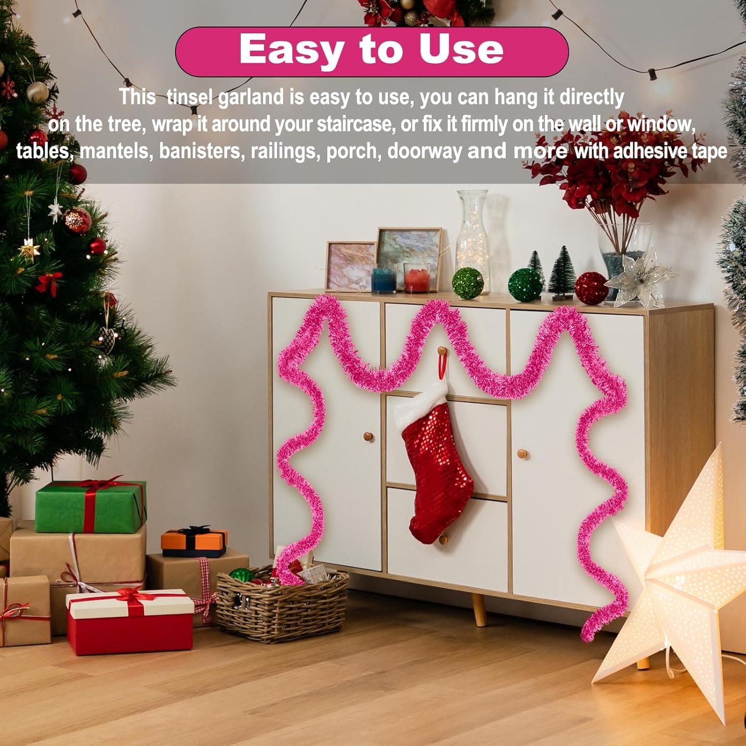 50 Feet Pink Christmas Tinsel Garland, Metallic Foil Twist Garland Wall Hanging Tinsel Banner Backdrop for Parade Floats, Easter, Mother's Day, Wedding Party Decorations (2in x 50ft)