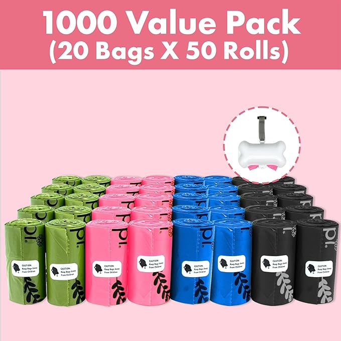 GORILLA SUPPLY 1000 multicolor poop bags for dogs with Dispenser and Leash Tie, 9" x 13", Mixed-PawvioPets