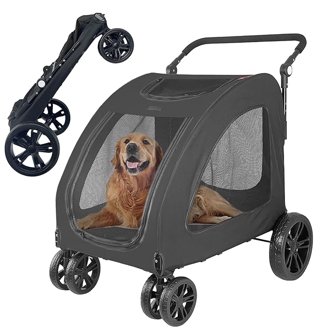 Extra Large Dog Stroller for Medium & Large Pets - Foldable Design, Adjustable Handle, Up to 130 lbs(Black)-PawvioPets