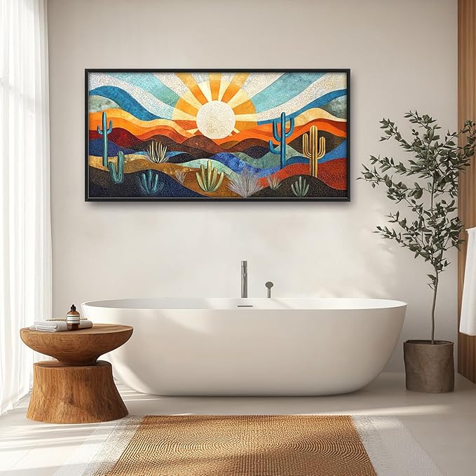 Extra Large Framed Abstract Boho Desert Wall Art, Sun Cactus Landscape Wall Decor Pictures for Living Room,Cacti Canvas Print Painting Modern Artwork Bedroom Office Bathroom Home Decor 60L x 30W-PawvioPets