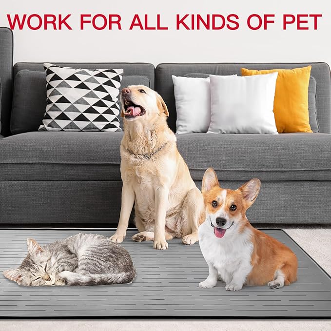 32" x 24" Large Pet Food Mat, Silicone Dog Mats for Food and Water, Nonslip Pet Feeding Mats for Floors,Dog Cat Bowl Mat with Raised Edges, Lake Blue-PawvioPets