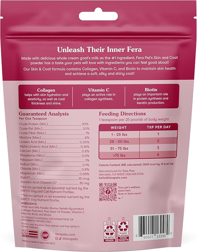 Fera Pets Goat Milk Topper - Cat & Dog Skin and Coat Supplement with Collagen, Biotin & Vitamin C - Helps Maintain Normal Skin Moisture - Promotes a Shiny Coat - for Picky Eaters - 60 TSP-PawvioPets