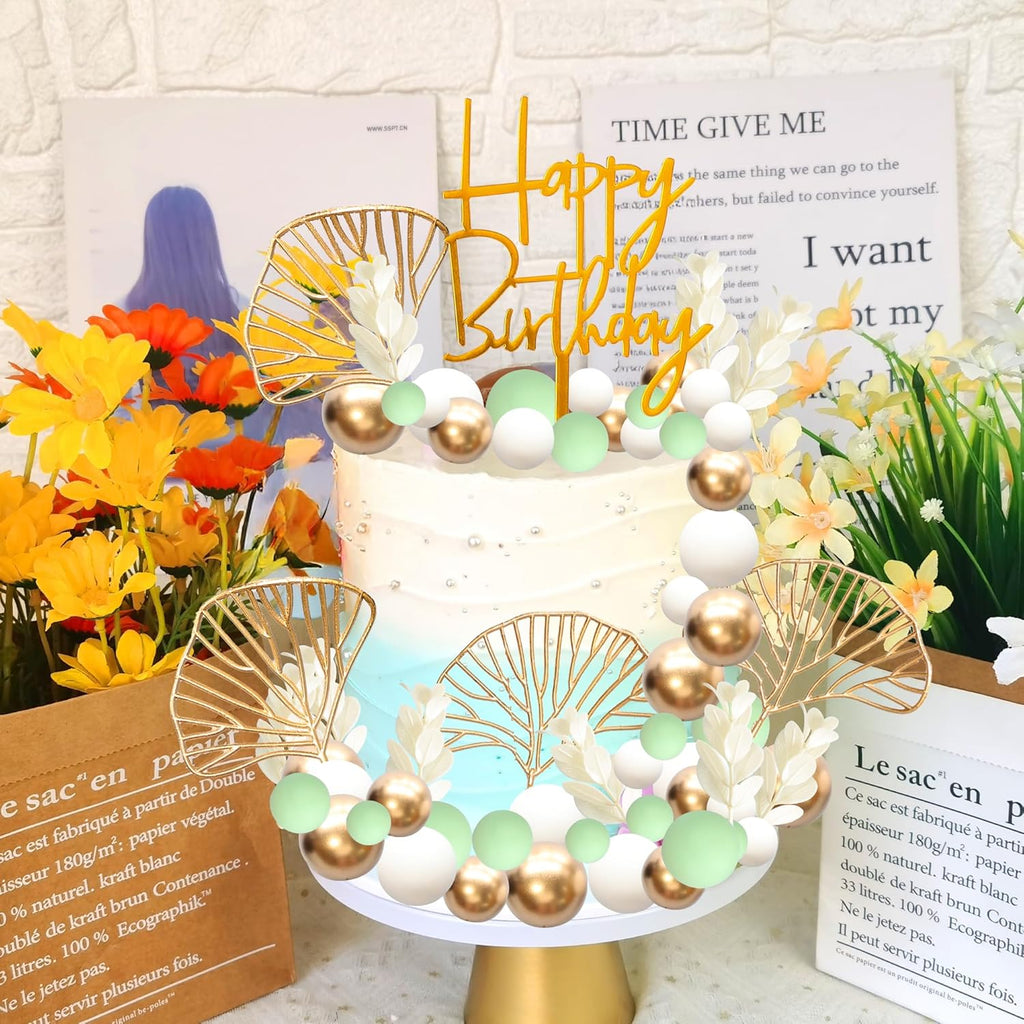 Gyufise 57Pcs Balls Cake Topper Boho Grass Cake topper Pearl Balls Acrylic Happy Birthday Cake Decorations for Wedding Baby Shower Birthday Boho Themed Party Supplies Green