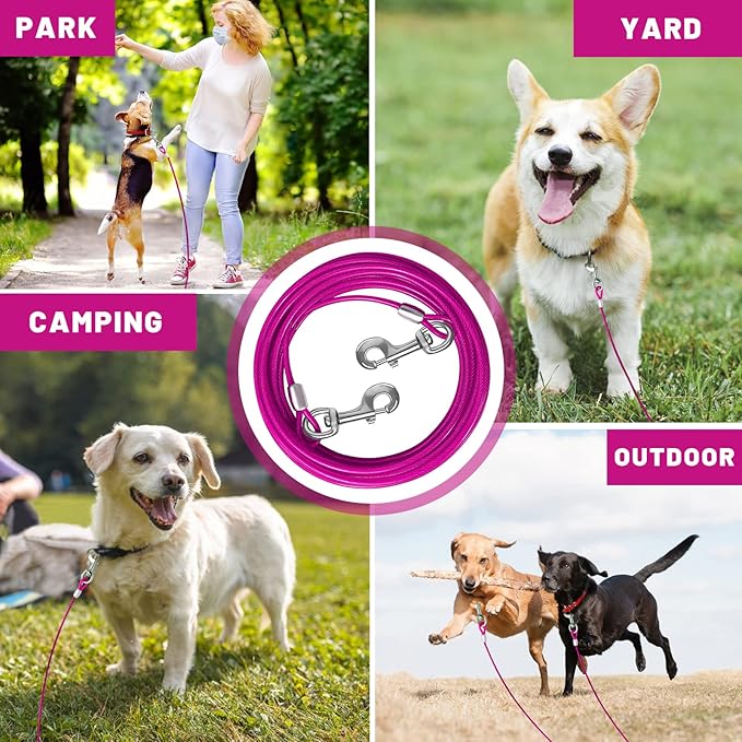 Dog Tie Out Cable 10/15/20/25/30 FT Runner for Yard Steel Wire Cable with Durable Superior Clips Pink Chains for Outside Dog Lead for Large Up to 165 Lbs-PawvioPets