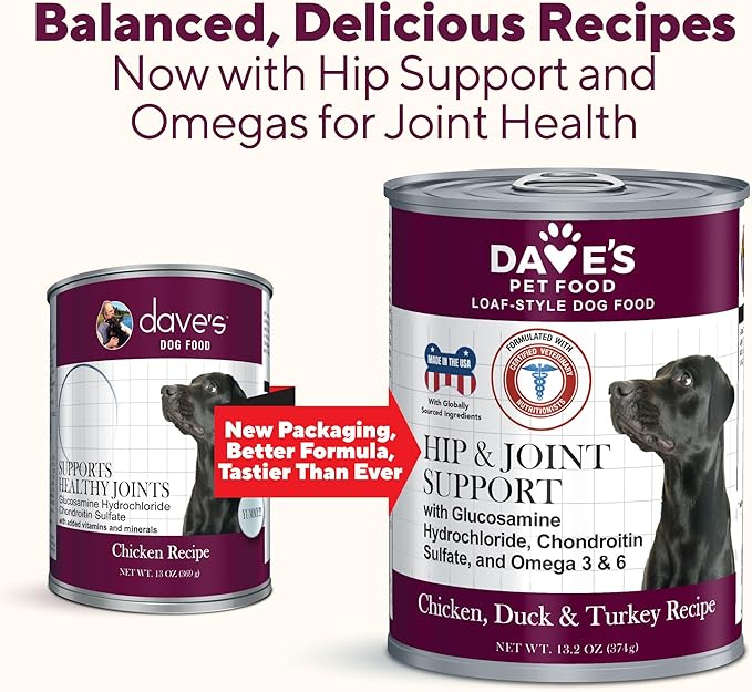 Dave's Pet Food Glucosamine Chondroitin for Dogs, Hip and Joint Support, Gluten-Free, Wet Senior Dog Food, 13.2 oz (Case of 12)-PawvioPets