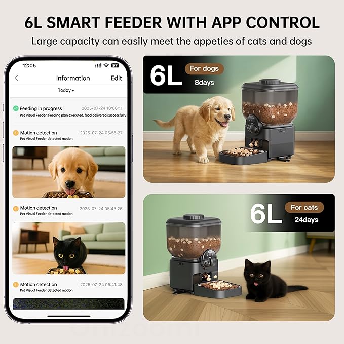 Automatic Pet Feeder for Cat and Dog - 6L Auto Cats Food Dispenser with Camera - WiFi App Control Smart Feeders with Timed - Dogs Feeding Station with 15-Day Battery Life After Power Off-PawvioPets