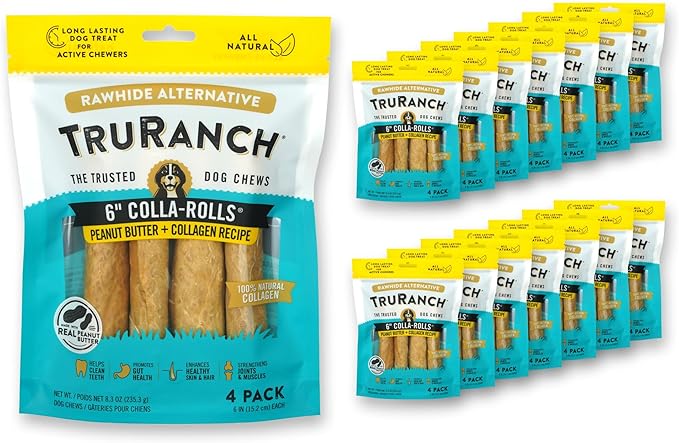 Collagen Rolls - 6" Collagen Rolls for Dogs - Long Lasting Healthy Joint Support - Rawhide Alternative - Skin & Coat Health - Made with Real Peanut Butter, Value Pack, 15 Bags, 60 Count-PawvioPets