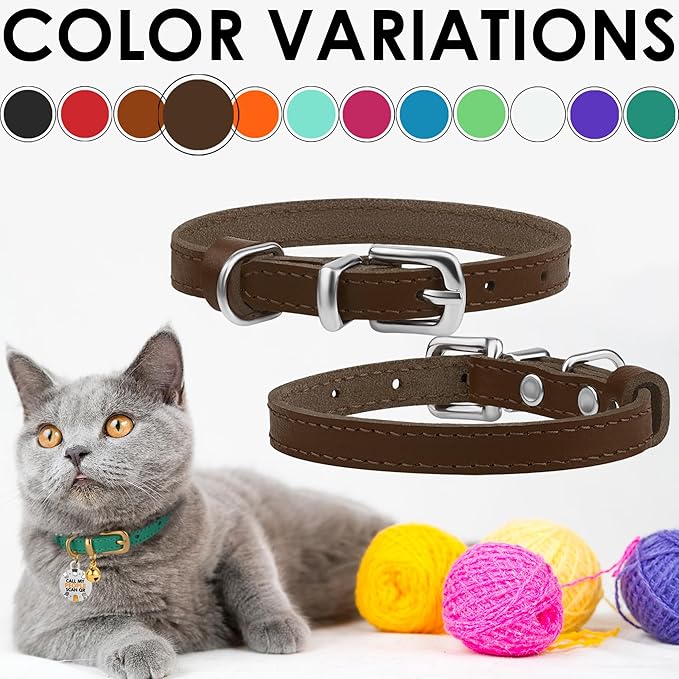 BRONZEDOG Leather Cat Collar with Removable Bells Non Breakaway Kitten QR Tag for Girl Boy (9" - 12" Cats/Mini Dogs, Brown & Silver)-PawvioPets