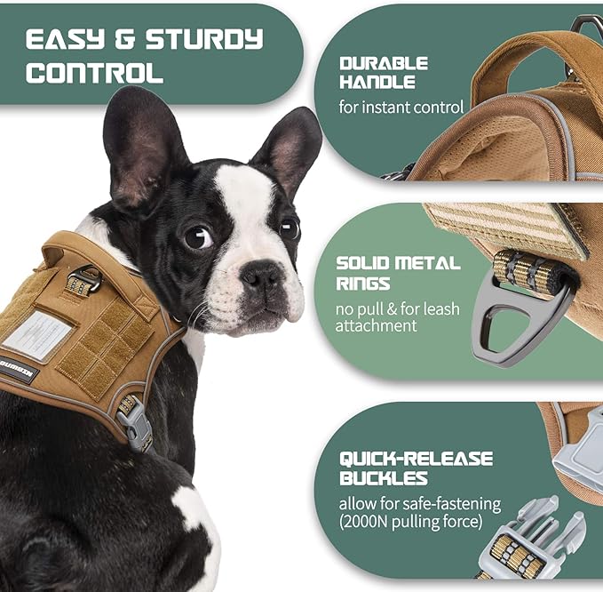 BUMBIN Tactical Dog Harness for Small Dogs No Pull, Famous TIK Tok No Pull Puppy Harness, Fit Smart Reflective Pet Walking Harness for Training, Adjustable Dog Vest Harness with Handle Brown S-PawvioPets