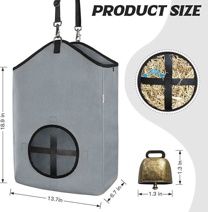 3 PCS Goat Hay Feeder,Hay Bags for Horses,Goats,Donkeys with Reinforced Oxford Fabric and High Strength Metal Clasp,Horse Feeding Supplies with Adjustable Strap for Easy Hanging (2Grey+1Black)-PawvioPets