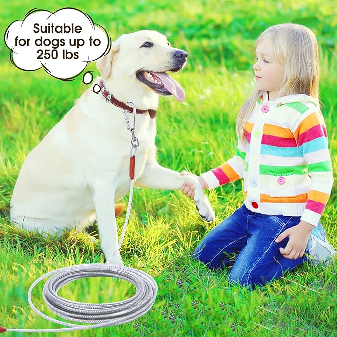 Dog Tie Out Cable for Dogs Outside Up to 125/250lbs,10/20/30/50FT Long Dog Leash&Chains,Small-Large Dogs Runner Cable for Yard,Heavy Duty Lead Line for Outdoor,Camping,Yard(250lbs 50FT, Silver)-PawvioPets