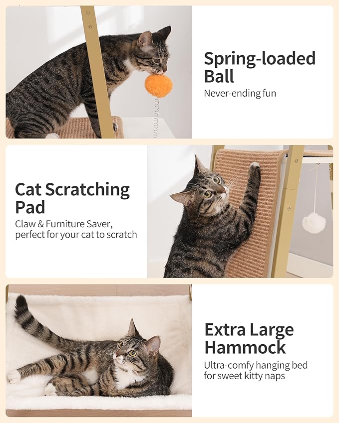 FourFurPets Modern Cat Tree, 58-Inch Cat Tower for Large Cats, Maine Coon Cat Tree with Scratching Board, Large Perch, Hammock and Removable Pads, White-PawvioPets