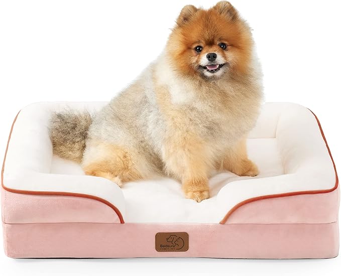 Bedsure Small Orthopedic Dog Bed - Washable Bolster Dog Sofa Beds for Small Dogs, Supportive Foam Pet Couch Bed with Removable Washable Cover, Waterproof Lining and Nonskid Bottom Couch, Pink-PawvioPets