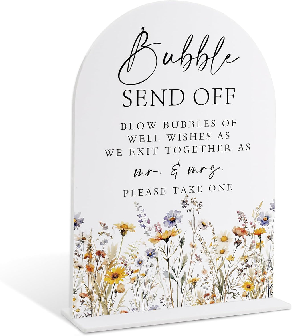Wedding Signs for Ceremony and Reception, Boho Floral Acrylic Bubble Send Off Sign, Wedding Signage with Stand, Bridal Shower Table Centerpieces, Supplies for Engagement Reception and Event Party, 29