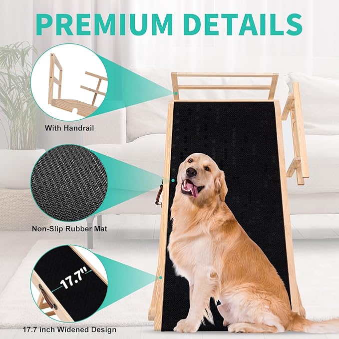 Dog Ramp, 5 Level Adjustable Wooden Folding Pet Ramp for Middle Bed, Couch,SUV-High Traction, Portable Paw Ramps for Small & Large Old Dogs & Cats - Furniture Quality-PawvioPets