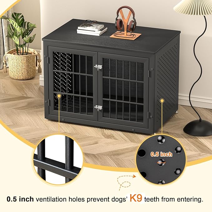 38" Heavy Duty Dog Crate Furniture for Large and Medium Dogs,Wooden Metal Kennel for High Anxiety Dogs, Chew Proof Pet Cage Indoor, Decorative Dog Kennel End Table-PawvioPets