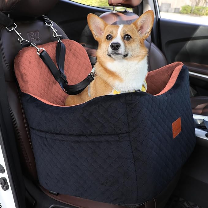 Dog Car Seat for Small/Medium Dogs,Pet Booster Seat with Harness,Memory Foam and Velvet,Safety Comfy Car Travel Pets Carrier,Interior Elevate,Washable and Detachable,Storage Pocket.(H-Black/Brown)-PawvioPets