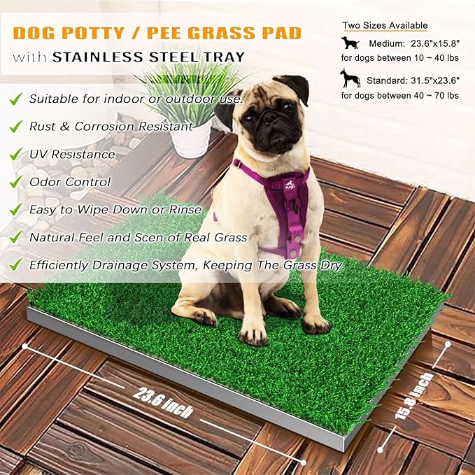 Dog Grass Pad with Tray, Stainless Steel Odor-Resistand Indoor Outdoor Potty System, Durable Alternative to Plastic with Artificial Grass for Dogs Potty Training (Potty System Size -23.6"x 15.8")-PawvioPets