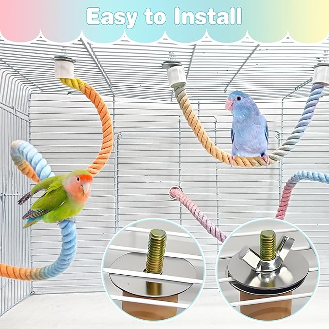 BNOSDM Bird Rope Perch with Stand Perch Toy Set Bendable Rope Perches Wooden Spinning Exercise Wheel Toy Parrot Cage Accessories for Parakeets, Conures, Lovebirds, Budgies, Cockatiels (Rainbow Color)-PawvioPets