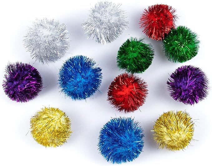 AUEAR, 12 Pack 2 Inch Sparkle Ball Shiny Glitter Tinsel Pom Poms Interactive Cat Balls for Kittens (6 Colors)-PawvioPets