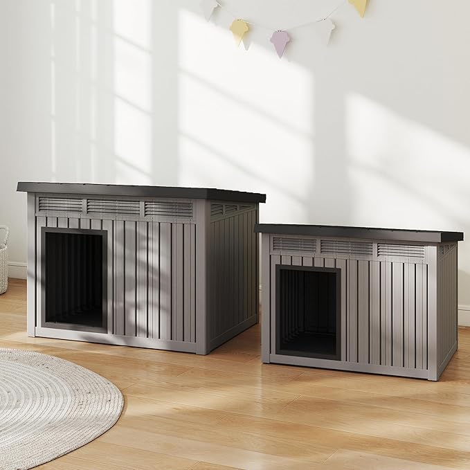 Dog House Indoor Outdoor,Resin Waterproof Puppy Shelter with Air Vents and Elevated Floor,Air Rod on Top to Open,Dog Kennel for Small to Large Dogs(Grey,42.87 * 32.95 * 31.61)-PawvioPets