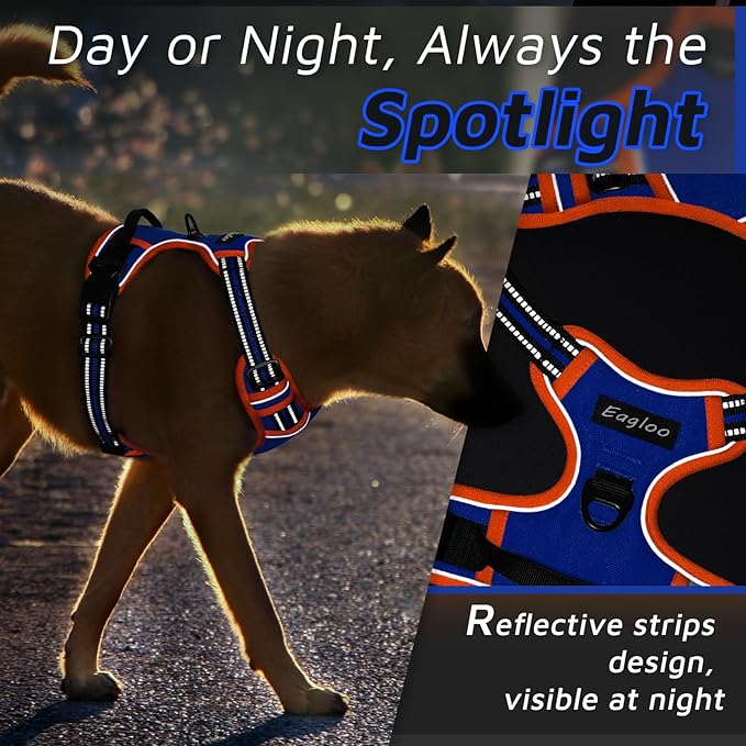 Eagloo Dog Harness for Large Dogs, No Pull Service Vest with Reflective Strips and Control Handle, Adjustable and Comfortable for Walking, No Choke Pet Harness with 2 Metal Rings, Blue & Orange, L-PawvioPets