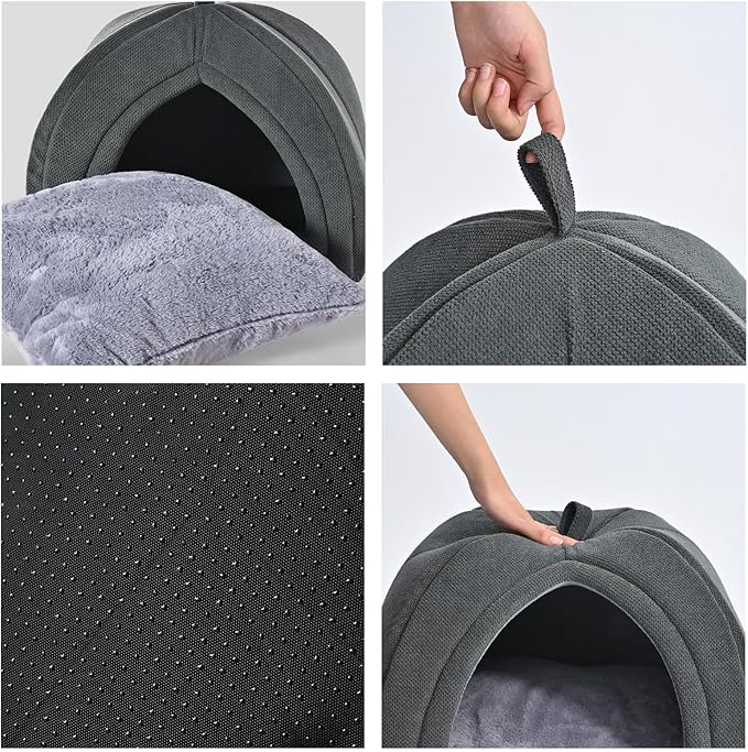 Amazon Basics Cat Cave Bed, 2-in-1 Foldable House for Indoor Cats, with Washable Cushion and Non-Slip Base, 17.5 x 17.5 Inches, Large-PawvioPets