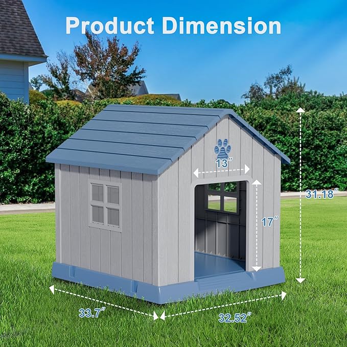 Dog House Indoor Outdoor for Small to Large Sized Dogs Resin Outdoor Dog House with Ventilation Puppy Shelter with Elevated Floor, Easy to Assemble, Blue-PawvioPets