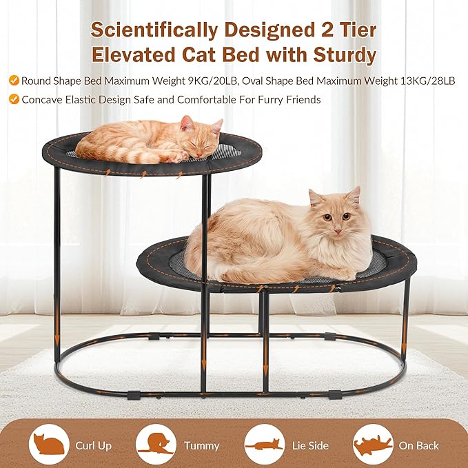 Defined Deco 2 Tier Elevated Cat Hammock Bed, Furniture Cat Bed Breathable Comfortable, Raised Cool Ca t Hammock for Indoor Cats, with Removable Mesh and Steel Frame for Summer-PawvioPets