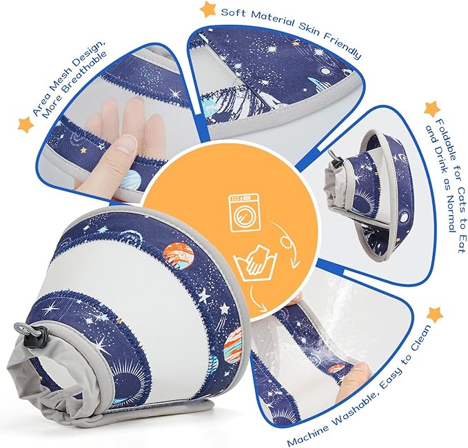 Breathable Air Mesh Cat Cone Collar Soft to Stop Licking, Adjustable, Foldable Lightweight Kitten Cones After Surgery Recovery for Cats & Kittens (Star Blue,S)-PawvioPets