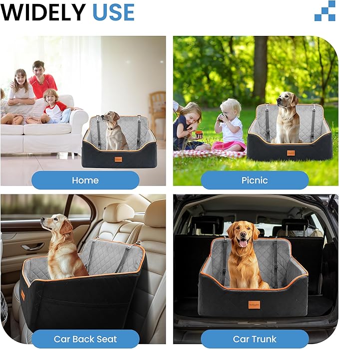 Dog Car Seat for Medium Dogs - Pet Car Seat with 2 Safety Straps & Waterproof Padding, Portable Pet Carrier for Cars, Trucks & SUVs, Comfortable Booster Bed for Pets Up to 55lbs (Black/Grey)-PawvioPets