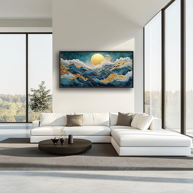 Framed Large Sun Mountain Wall Art, Oversized Teal and Golden Sun Wall Decor for Living Room, Abstract Landscape Canvas Painting Modern Artwork Home Decoration for Living Room Bedroom 60"x30"-PawvioPets