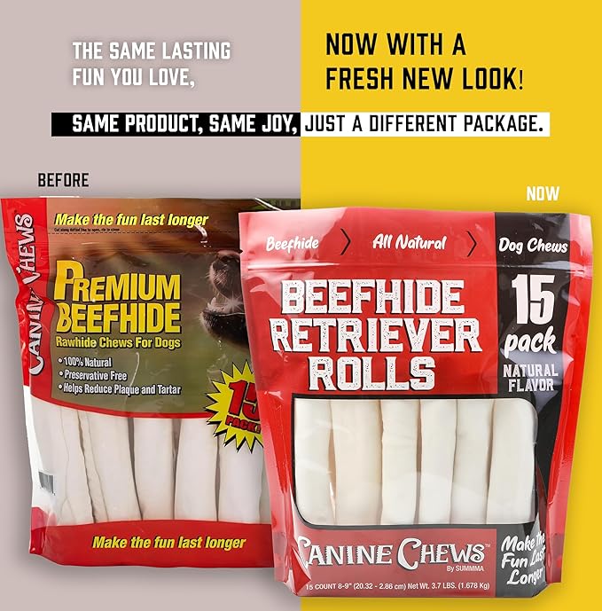 Canine Chews 8-9" Retriever Rolls for Large Dogs - Pack of 15 All-Natural Beef Hide Dog Chews for Aggressive Chewers - 3.7 lb.-PawvioPets
