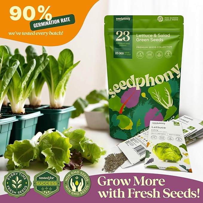 23 Lettuce & Salad Greens Seeds Variety Pack - 25,000+ Non-GMO Heirloom Greens Seeds for Planting Lettuce Indoor & Outdoor: Arugula, Mizuna, Kale, Spinach, Swiss Chard, Mache & More Lettuce Seeds-PawvioPets