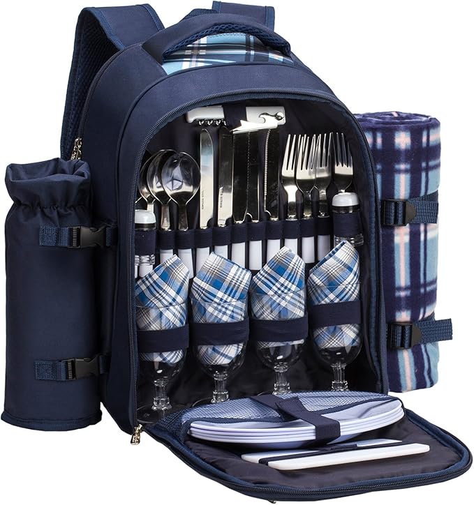Apollo walker Picnic Backpack Set for 4 with Cooler Compartment,Detachable Bottle/Wine Holder Including Large Picnic Blanket(45"x 53") for Picnic Family and Lovers Gifts,Outdoor,BBQ Time (Blue)-PawvioPets