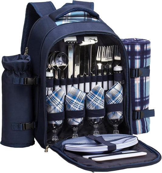 Apollo walker Picnic Backpack Set for 4 with Cooler Compartment,Detachable Bottle/Wine Holder Including Large Picnic Blanket(45"x 53") for Picnic Family and Lovers Gifts,Outdoor,BBQ Time (Blue)-PawvioPets