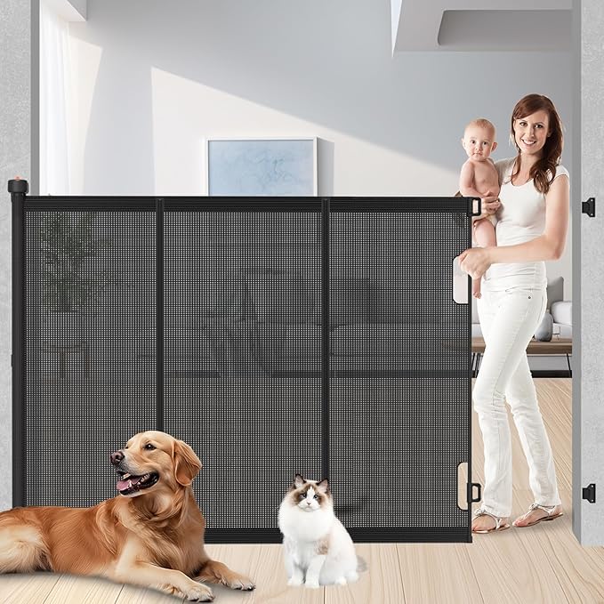 Extra Tall Retractable Baby Gates: 51" Tall Pet Gate, Extend up to 120" Wide, Mesh Baby Gate with Support Rods Jump-Proof Design for Cats & Large Dogs High Dog Cat Door Indoor Outdoor, Black-PawvioPets