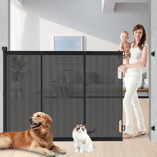 Extra Tall Retractable Baby Gates: 51" Tall Pet Gate, Extend up to 120" Wide, Mesh Baby Gate with Support Rods Jump-Proof Design for Cats & Large Dogs High Dog Cat Door Indoor Outdoor, Black-PawvioPets