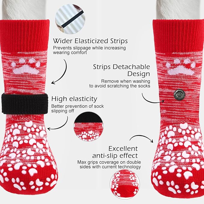 EXPAWLORER Anti Slip Dog Socks to Prevent Licking Paws, Dog Shoes for Hot Pavement, Dog Booties for Small Medium Large Senior Dogs, Traction Control Boots & Paw Protectors for Hardwood Floors-Red-PawvioPets