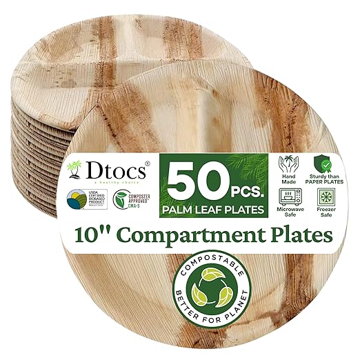 Dtocs 3 Compartment Plates (50 Pc) Palm Leaf 10 Inch Round Portion Control Buffet Sectional Plate | Bamboo Plates Disposable Like Compostable Camping Dinnerware Stronger than Divided Paper, Styrofoam-PawvioPets