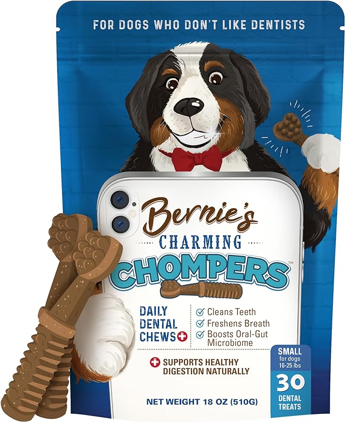 Bernie's Charming Chompers - Daily Dental Chews for Dogs 15-25 Lbs. - 30 Count - Cleans Teeth, Freshens Breath, + Boosts Oral-Gut Microbiome. Easy to Digest, Supports Healthy Digestion Naturally-PawvioPets