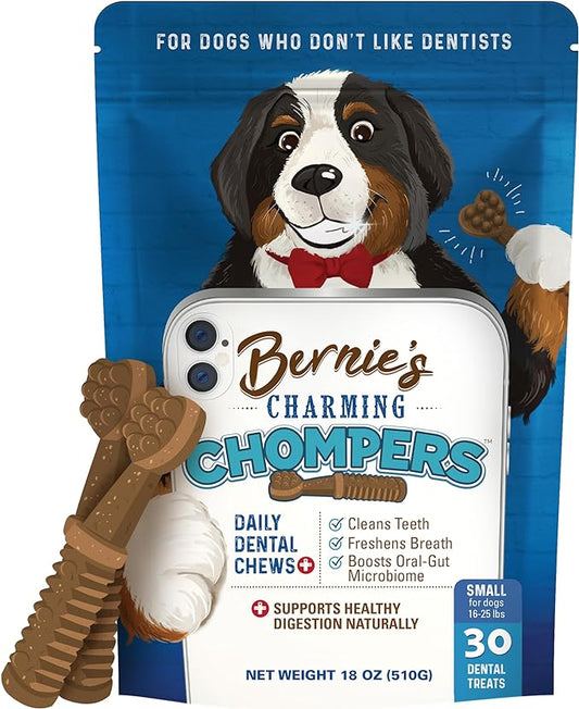 Bernie's Charming Chompers - Daily Dental Chews for Dogs 15-25 Lbs. - 30 Count - Cleans Teeth, Freshens Breath, + Boosts Oral-Gut Microbiome. Easy to Digest, Supports Healthy Digestion Naturally-PawvioPets