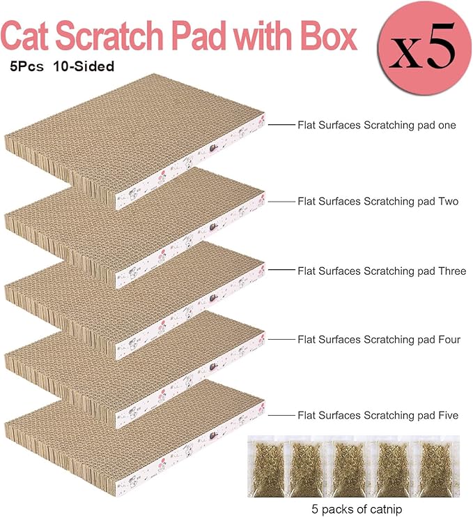 5 Packs in 1 Cat Scratch Pad with Box, Cat Scratcher Cardboard,Reversible,Durable Recyclable Cardboard, Suitable for Cats to Rest, Grind Claws and Play with Scratch Box-PawvioPets