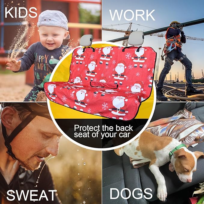 Back Seat Cover for Car Trucks Van SUV,Waterproof Rear Bench Towel Seat Covers for Dogs and Kids,Automotive Backseat Protector (Santa Claus)-PawvioPets
