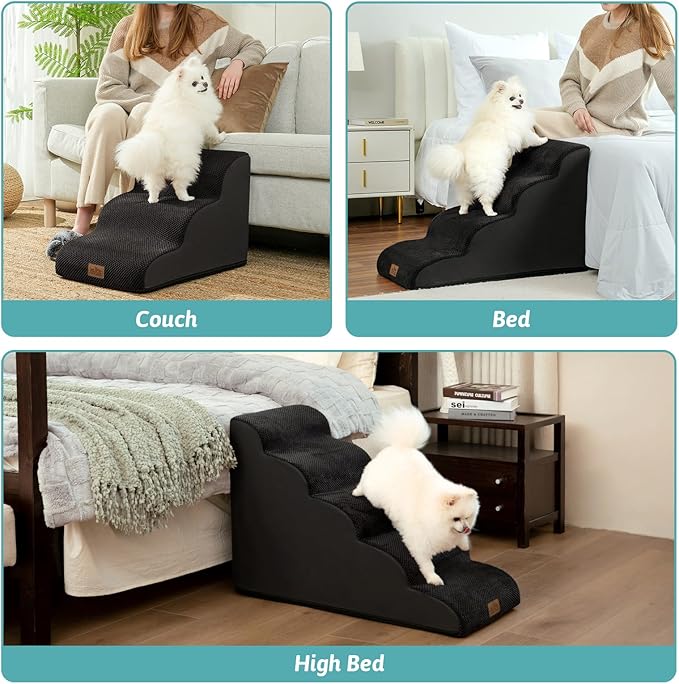 Dog Stairs for Small Dogs 15.7" H, Curved Dog Step for Puppy, Older Cat, Medium Pet Ramp for Sofa, Couch or Bed, Ladder with High Density Foam, 15.7x22.4x15.7 inch, 3 Step, Black-PawvioPets