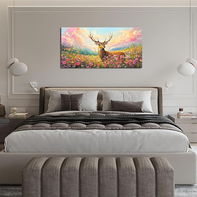 Deer Large Wall Art Wildflower Landscape Pictures Rustic Flowers Wall Decor Wild Animal Nature Canvas Print Painting Artwork for Bathroom Living Room Bedroom 30"x60"-PawvioPets
