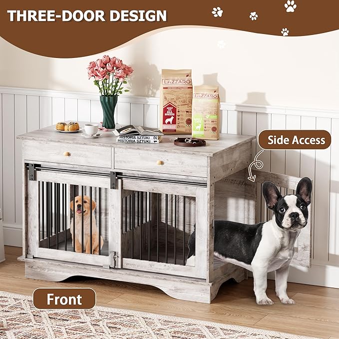 Dog Furniture Crate, 47" Large Dog Crate Furniture w/ 2 Storage Draws & Removable Divider for Large/Medium/Small Dogs (Grey, One Cage)-PawvioPets