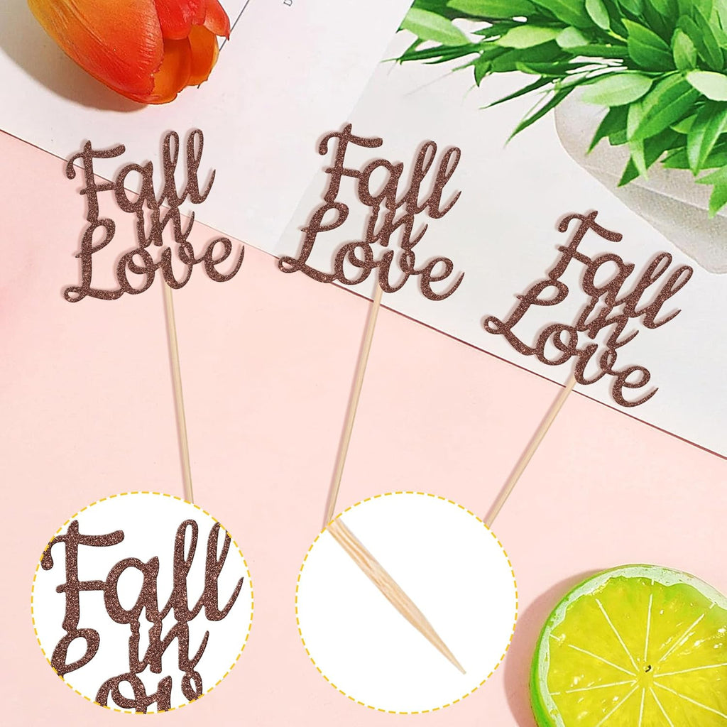 24 PCS Fall in Love Cupcake Toppers Glitter Fall Theme Party Cupcake Picks Bridal Shower Cupcake Decorations for Autumn Wedding Engagement Anniversary Birthday Party Cake Decorations Supplies Brown